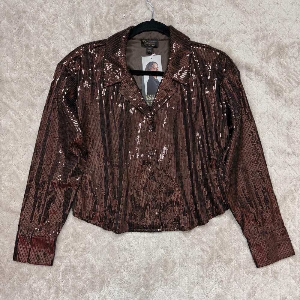 Bold Elements x Ally Brooke Brown Sequin Button Down Shirt Petite Medium NWT